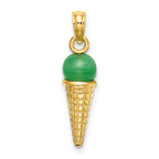 14K Satin Polished 3D  Green Bead Ice Cream Cone Pendant
