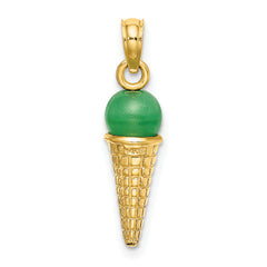 14K Satin Polished 3D  Green Bead Ice Cream Cone Pendant