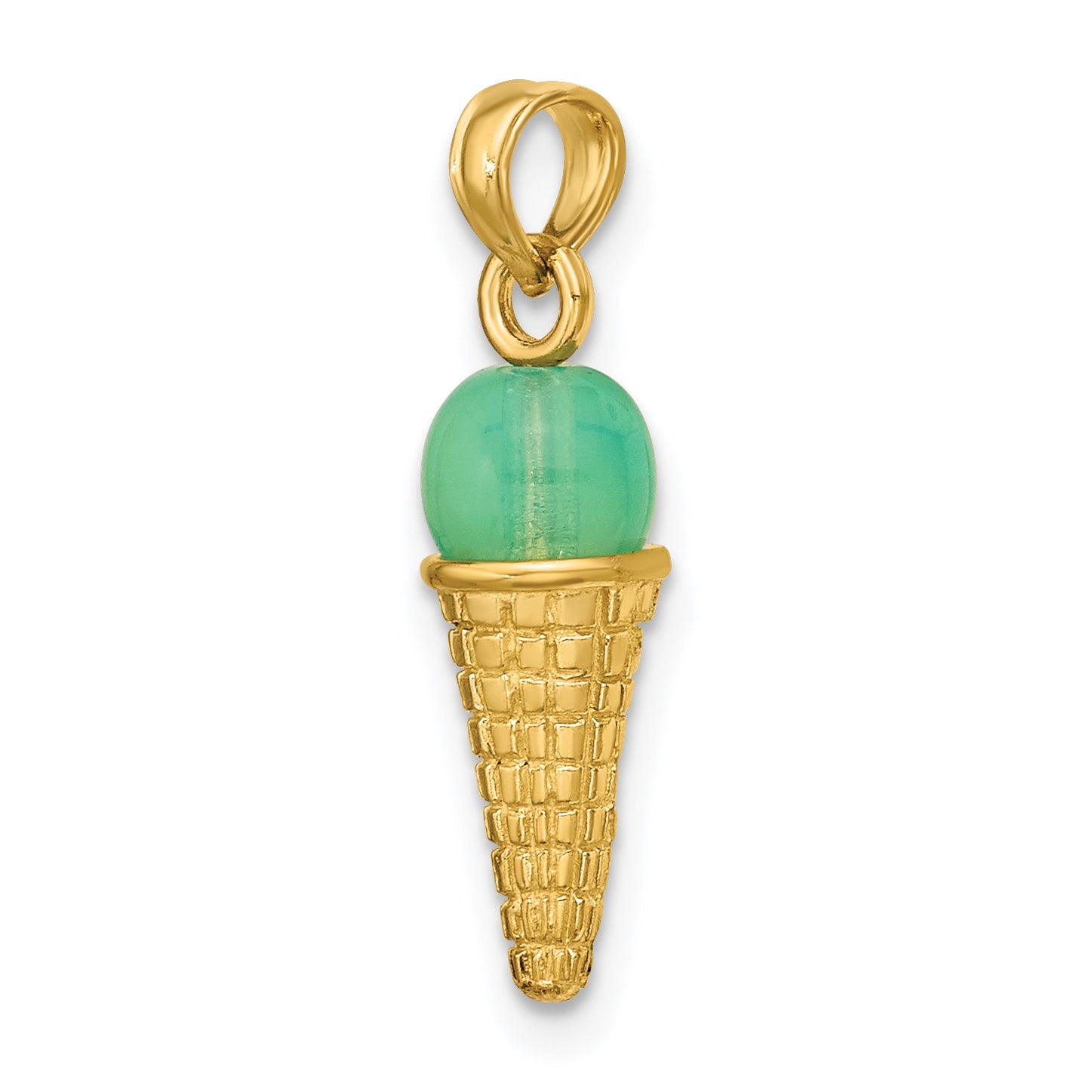 14K Satin Polished 3D  Green Bead Ice Cream Cone Pendant