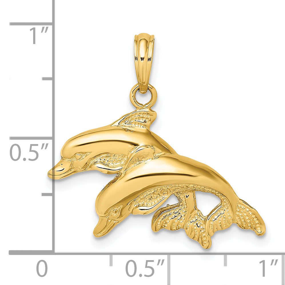 14K 2-D Polished /Engraved Double Dolphins Charm