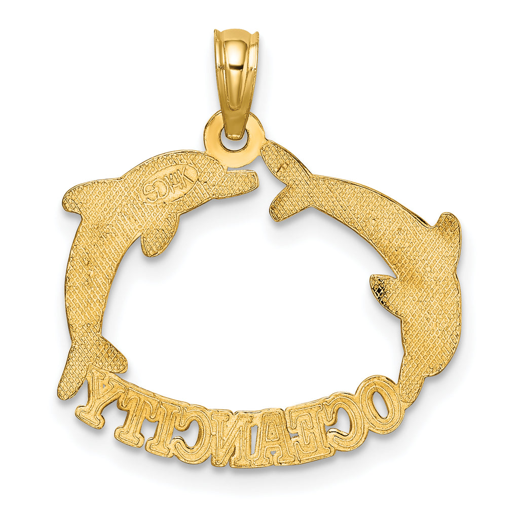 14k Polished OCEAN CITY w/ Jumping Dolphins Charm