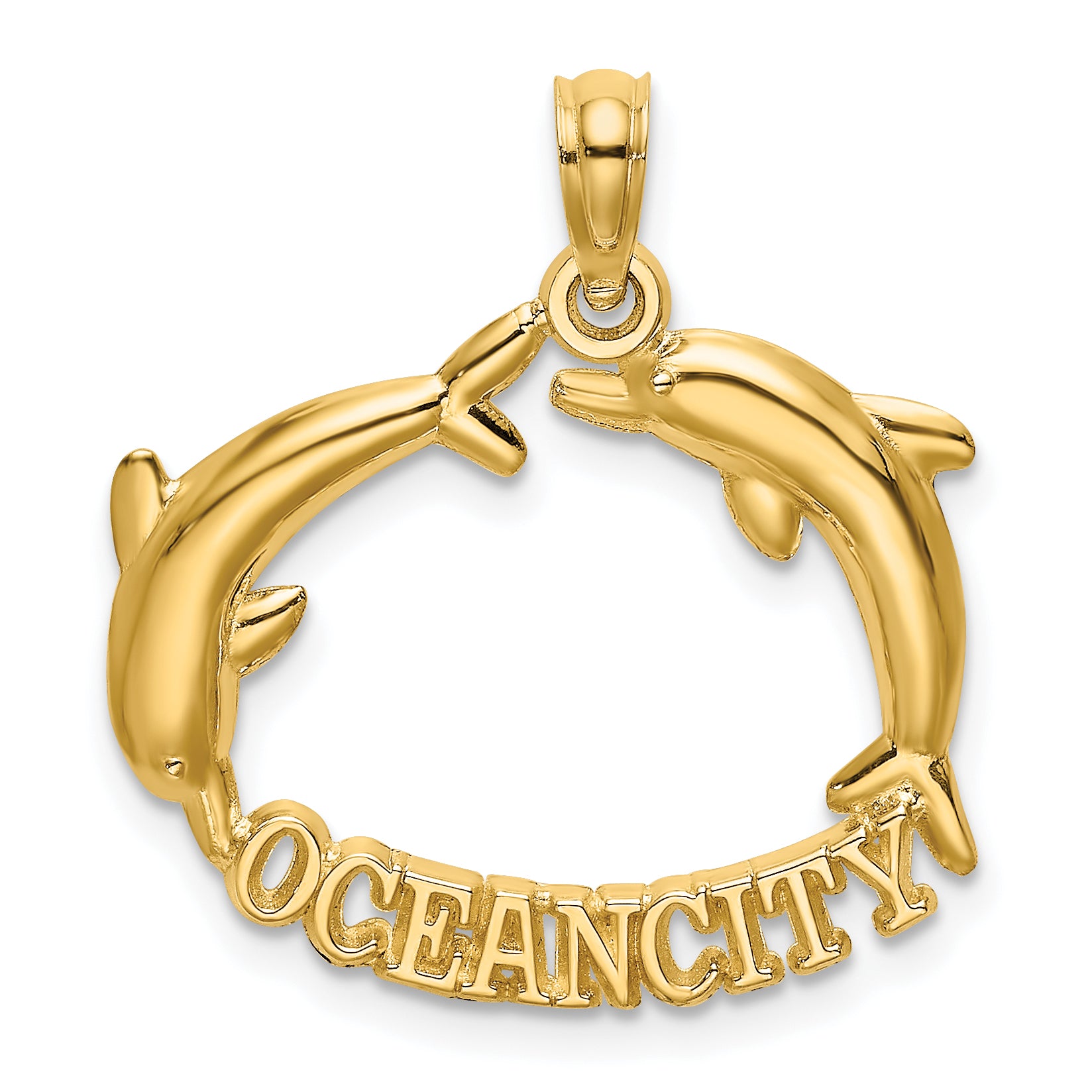 14k Polished OCEAN CITY w/ Jumping Dolphins Charm Main image