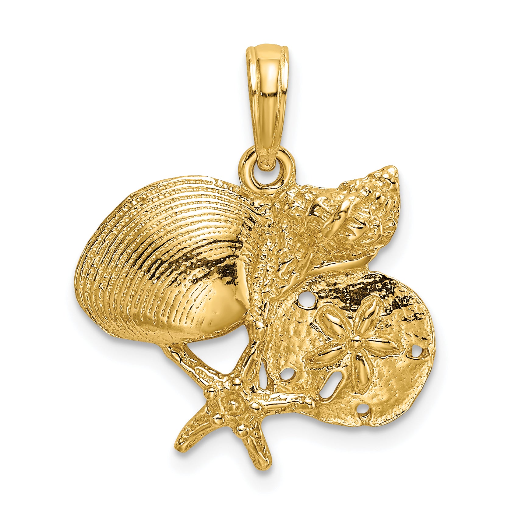 14K Polished Shell, Starfish and Sand Dollar Cluster Charm Main image