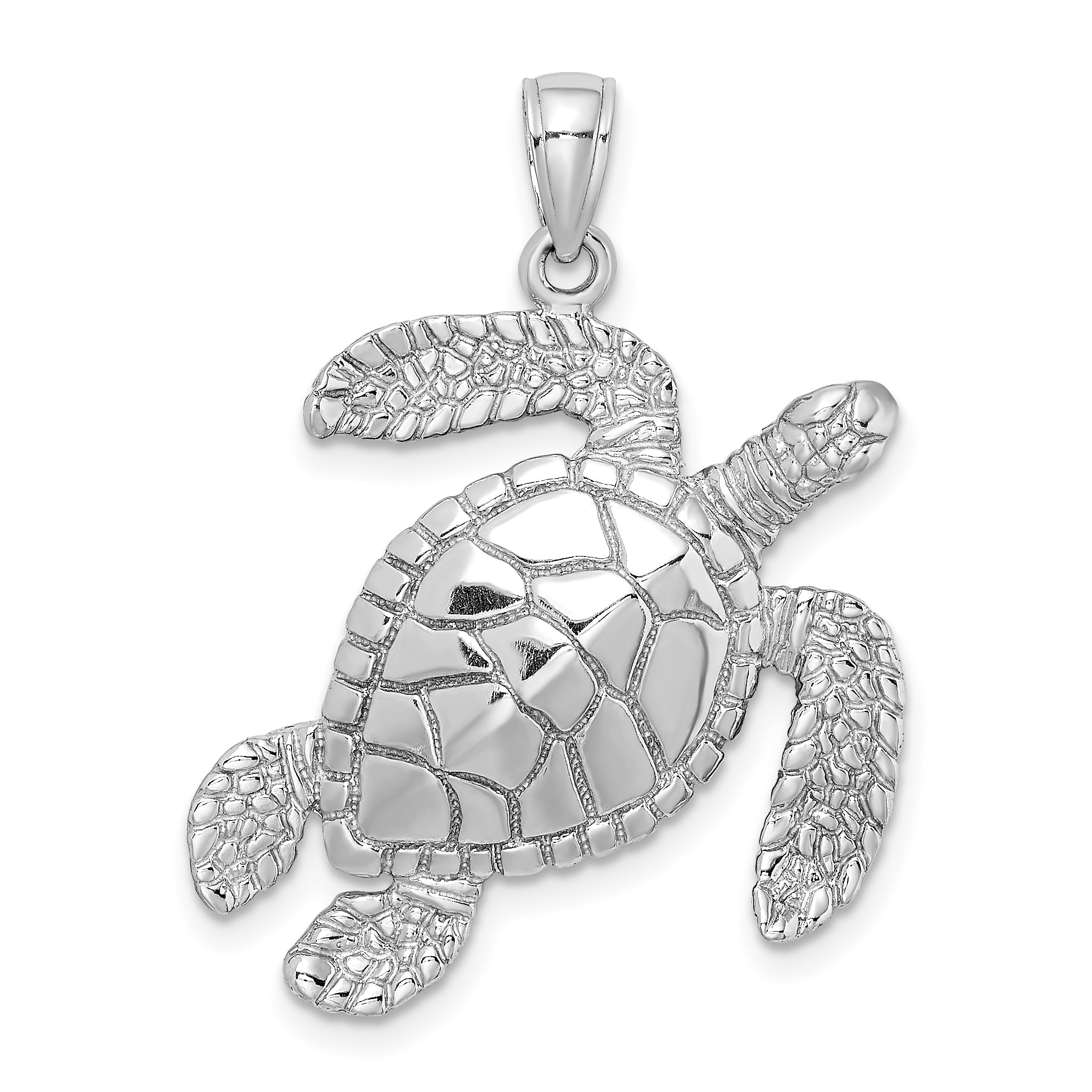 14K White Gold Large Textured Swimming Sea Turtle Charm Main image