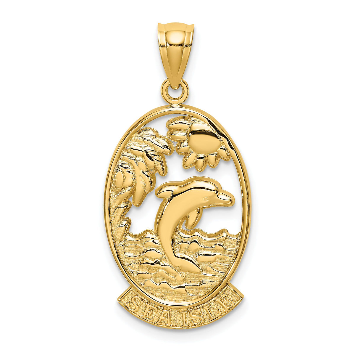 Sea Isle Dolphin Sunset Scene Charm in 14K Yellow Gold, 30mm - Sophia Jewelers Main image