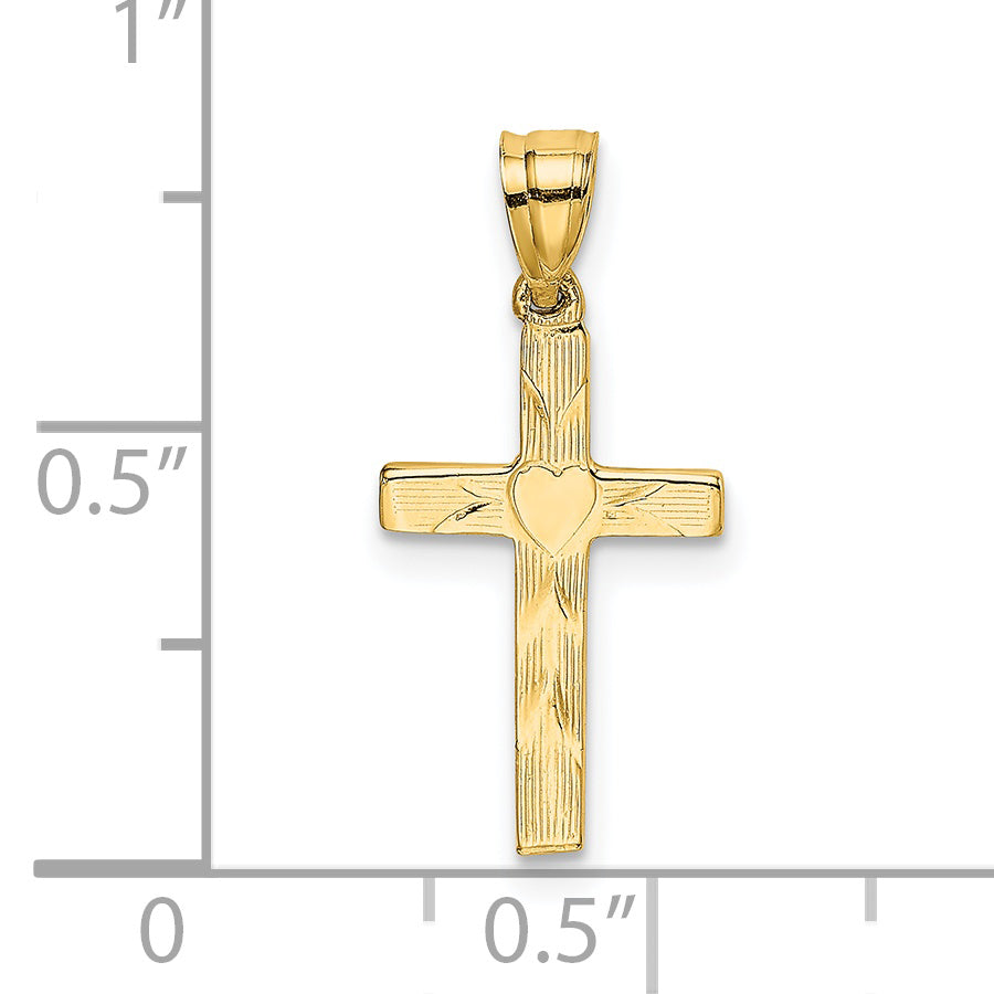 14K Polished and Engraved Cross W/ Heart Center Charm