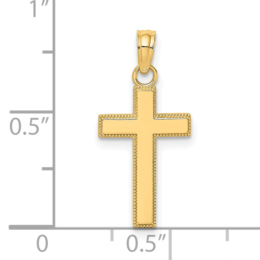 14K Polished Block Style Beaded Edge Cross Charm