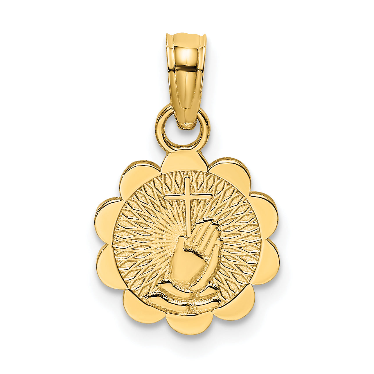 14K Praying Hands and Cross On Scalloped Round Disk Charm