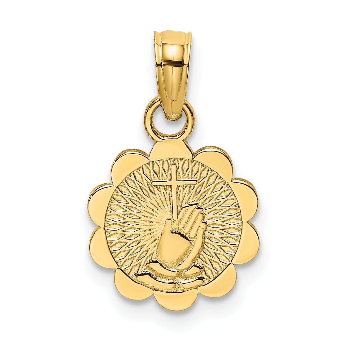 14K Praying Hands and Cross On Scalloped Round Disk Charm