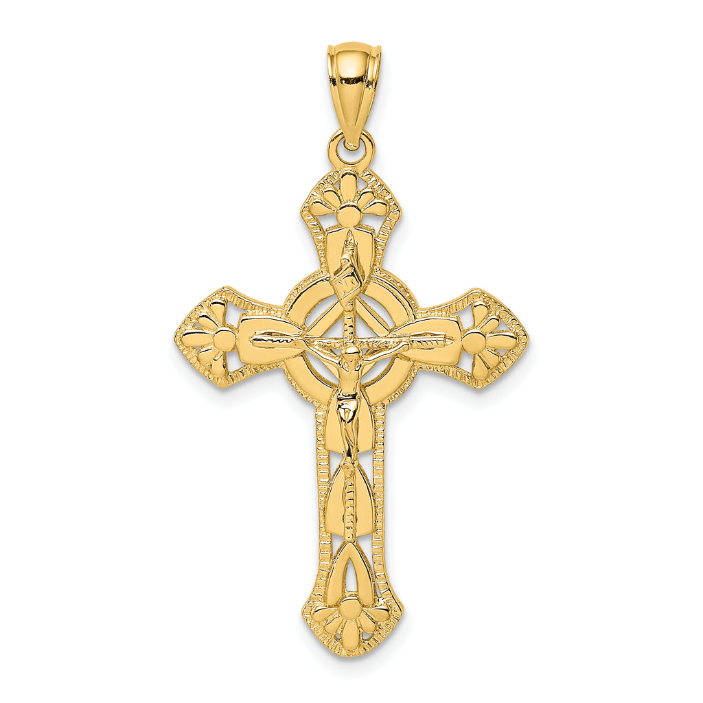 14K Textured Crucifix W/ Arrow Charm