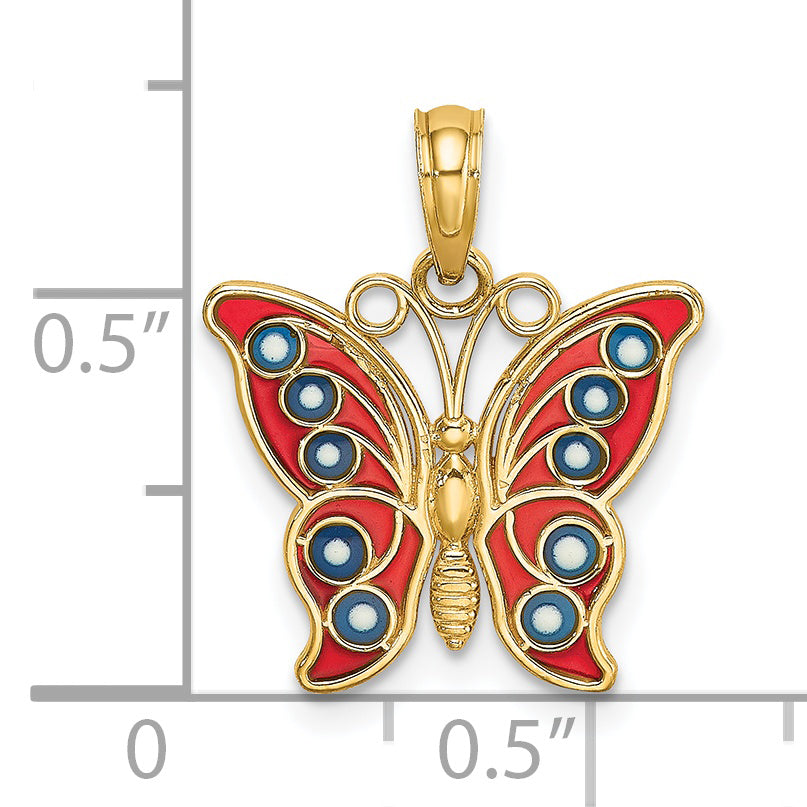 14K w/ Red and Blue Enamel Filigree Butterfly Charm