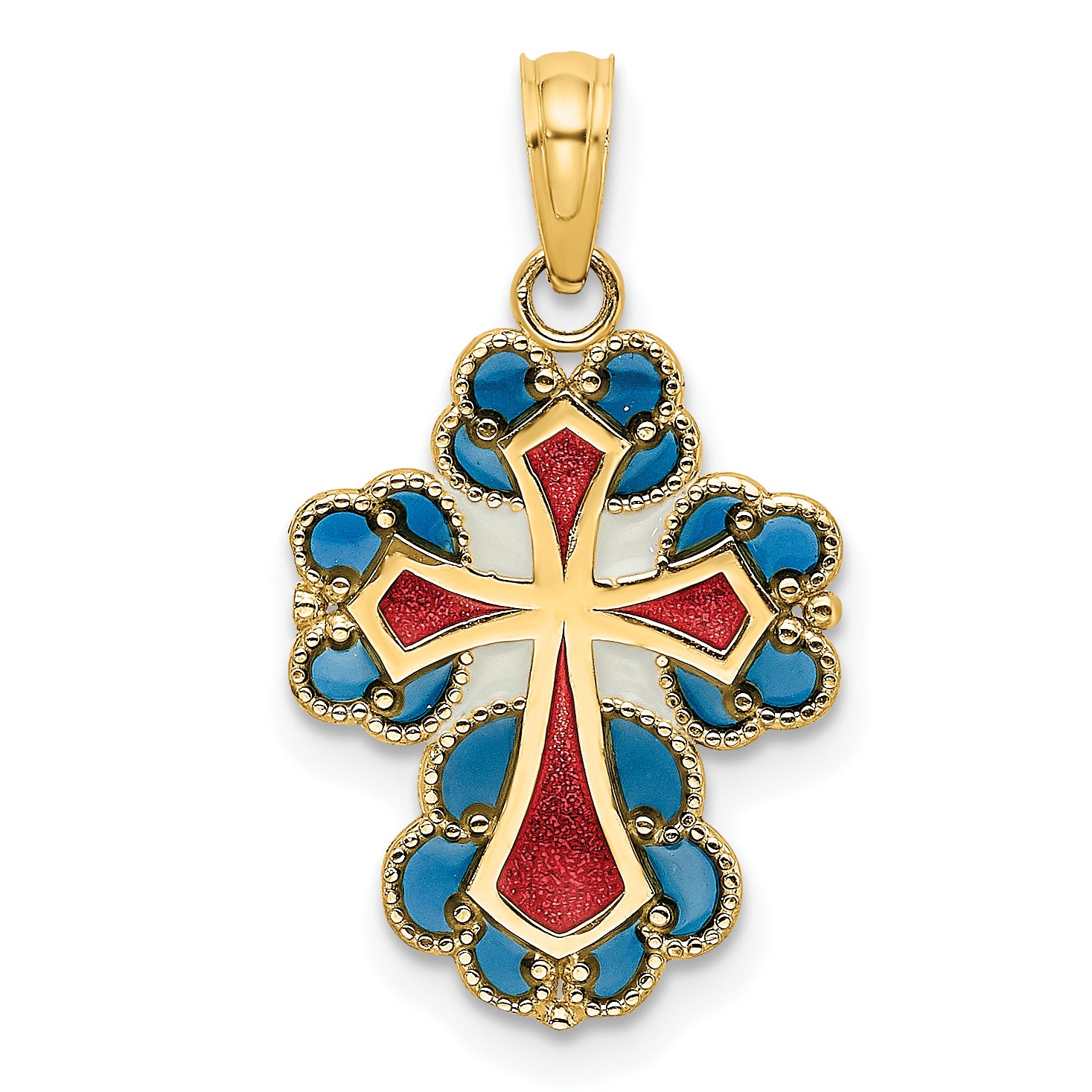 14K Blue, White and Red Enameled w/ Lace Trim Cross Charm Main image