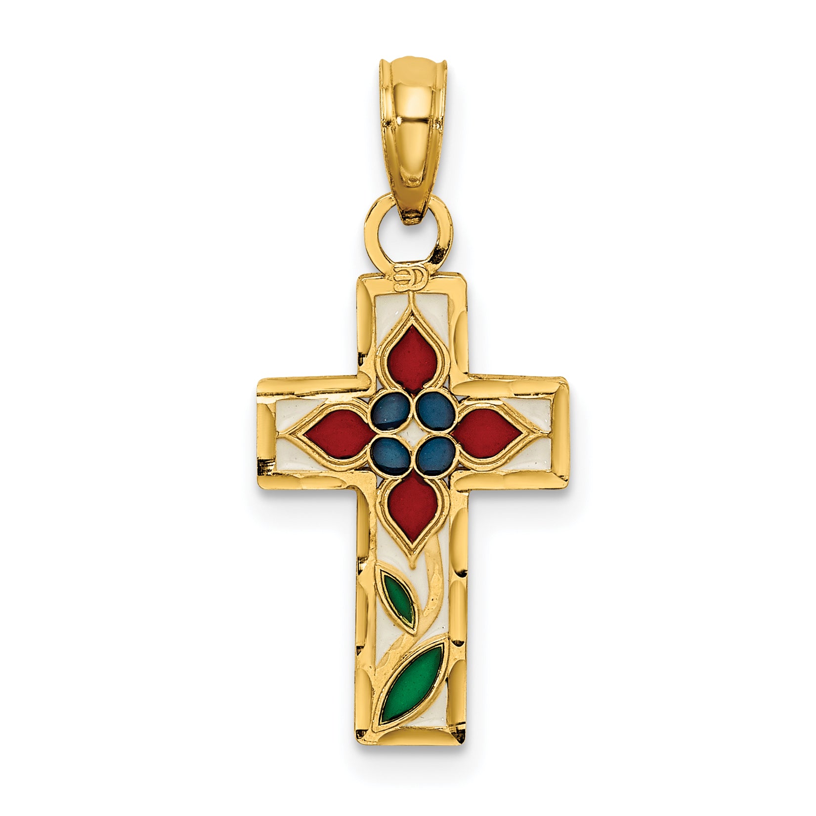 14K Enameled W/ Flower Cross Charm