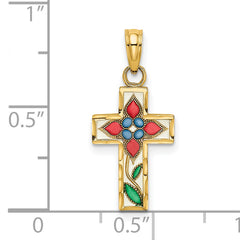 14K Enameled W/ Flower Cross Charm