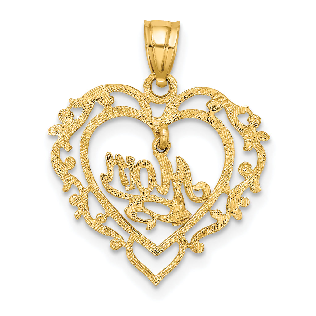 14K Polished MOM Dangle in Fancy Heart Pendant
