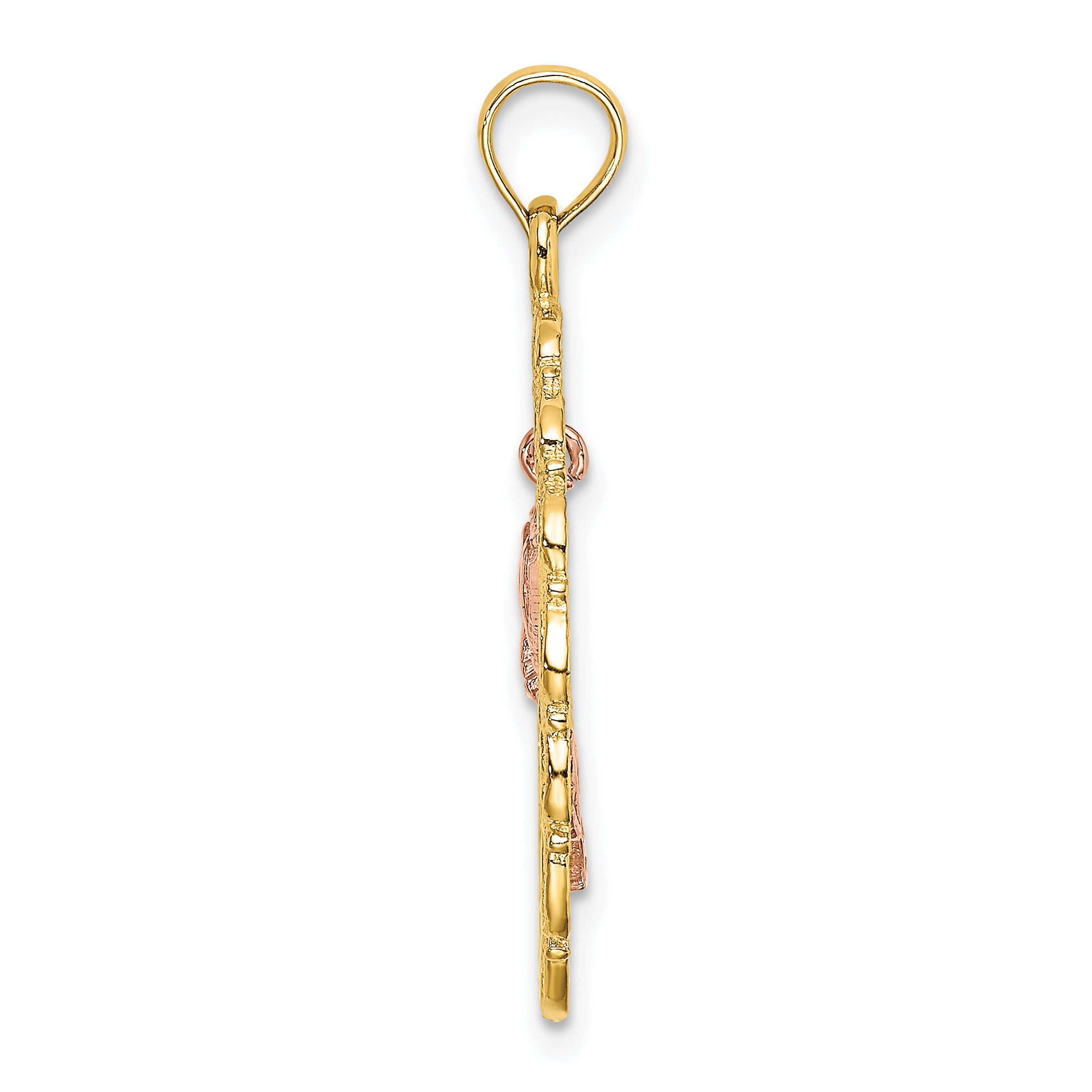 14k Two-Tone Textured Oval Frame Dangling Rose Charm Secondary image