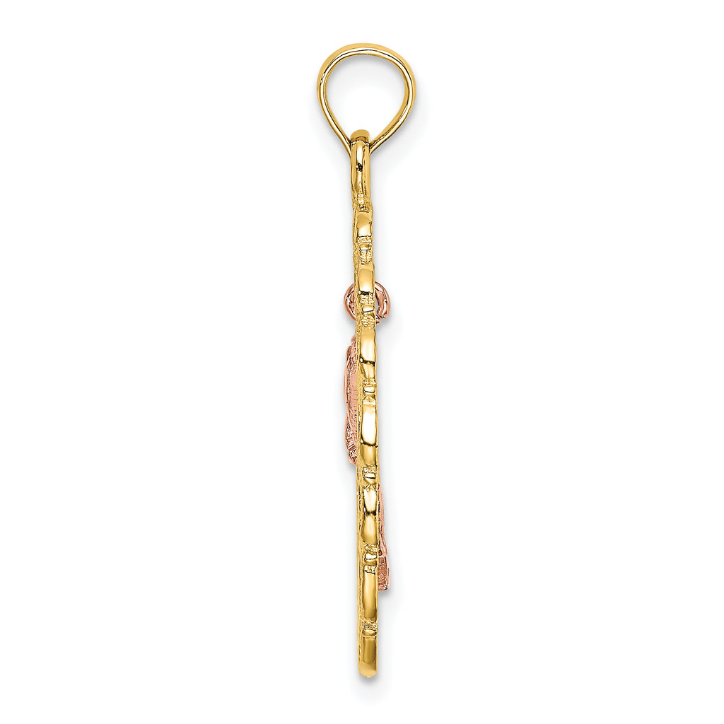 14k Two-Tone Textured Oval Frame Dangling Rose Charm