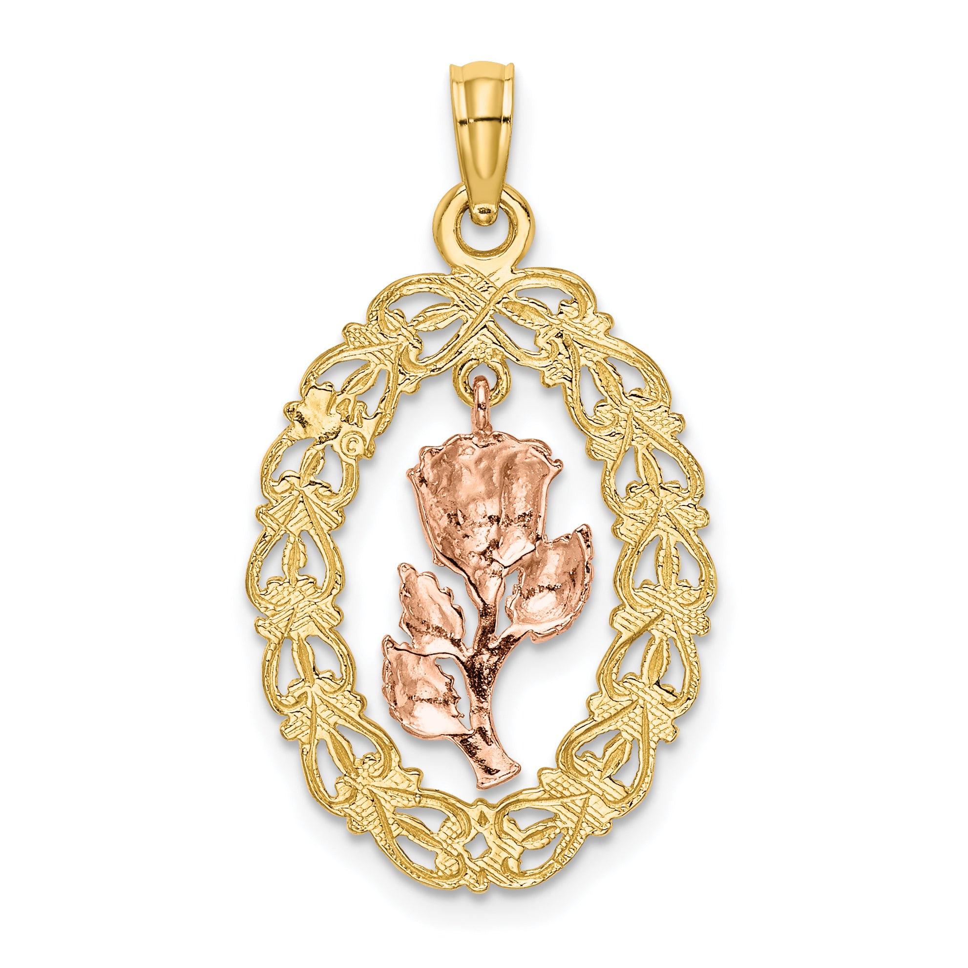 14k Two-Tone Textured Oval Frame Dangling Rose Charm