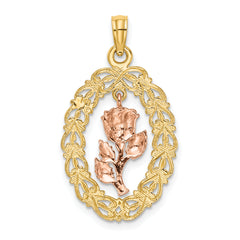 14k Two-Tone Textured Oval Frame Dangling Rose Charm