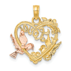 14k Yellow and Rose Gold w/Rhodium LOVE w/Doves Heart Charm