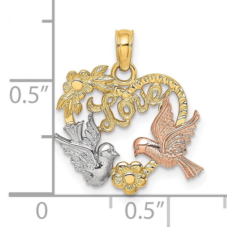 14k Yellow and Rose Gold w/Rhodium LOVE w/Doves Heart Charm