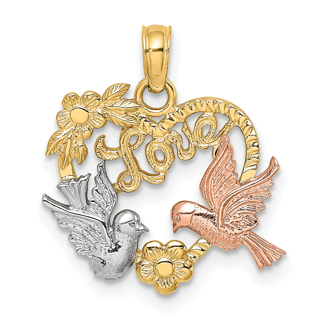 14k Yellow and Rose Gold w/Rhodium LOVE w/Doves Heart Charm Main image