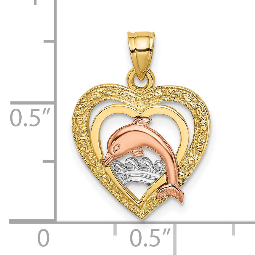 14K Two-tone w/White Rhodium Dolphin In Heart Charm