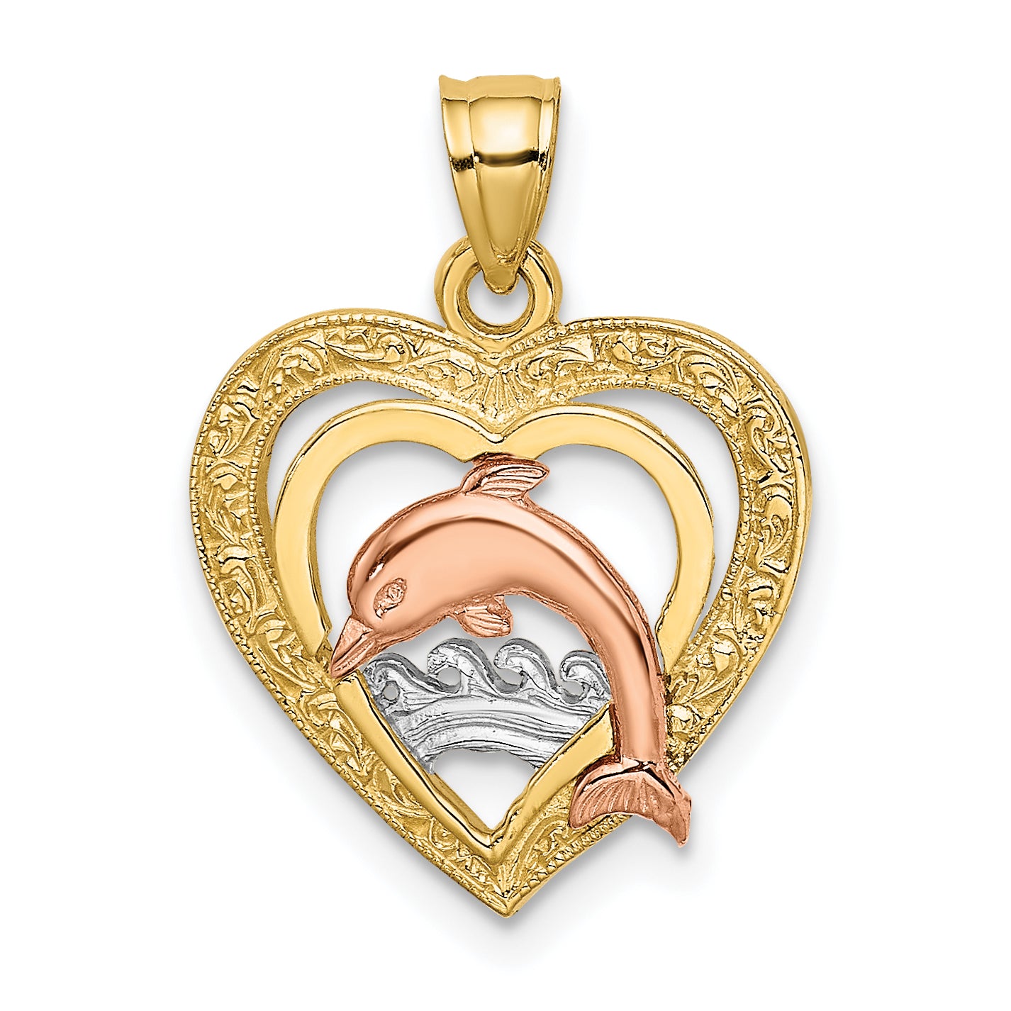 14K Two-tone w/White Rhodium Dolphin In Heart Charm Main image