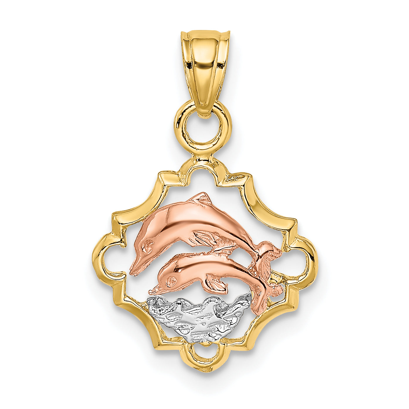 14k Two-tone with White Rhodium Double Dolphins In Frame Charm Main image