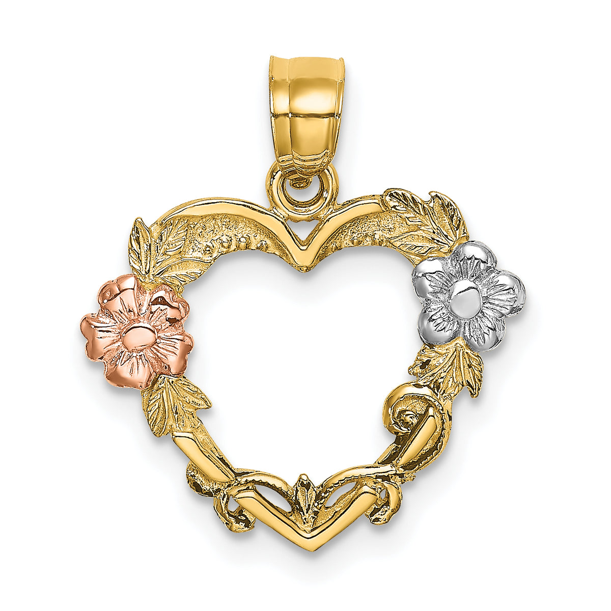 14k Two-tone with White Rhodium Flower In Heart Charm