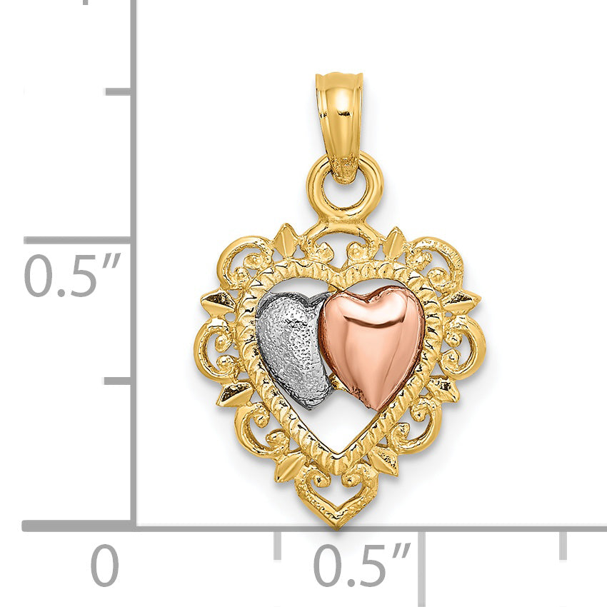 14k Yellow and Rose Gold w/White Rhodium Textured Hearts Charm