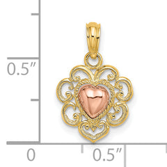 14k Yellow and Rose Polished and Textured Heart Charm