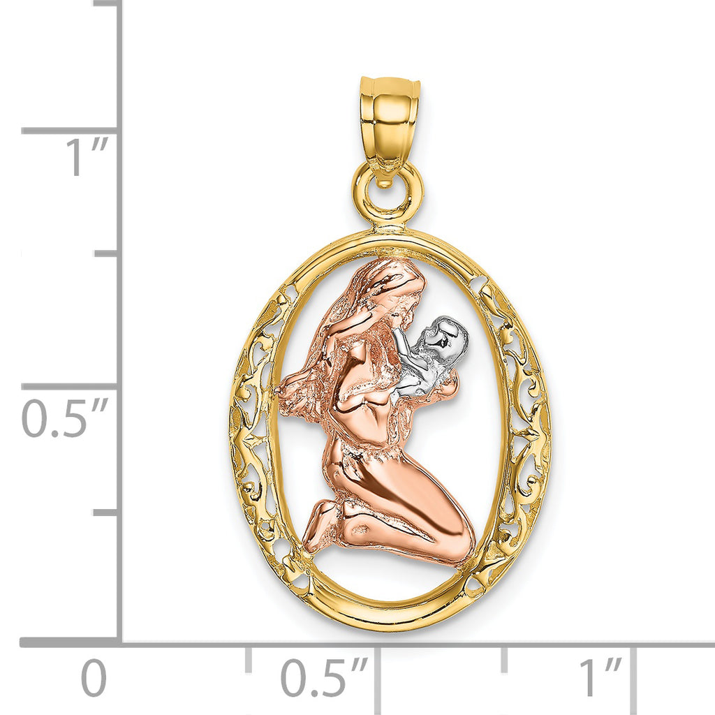 14k Two-tone WIth White Rhodium Mother and Baby In Oval Frame Charm