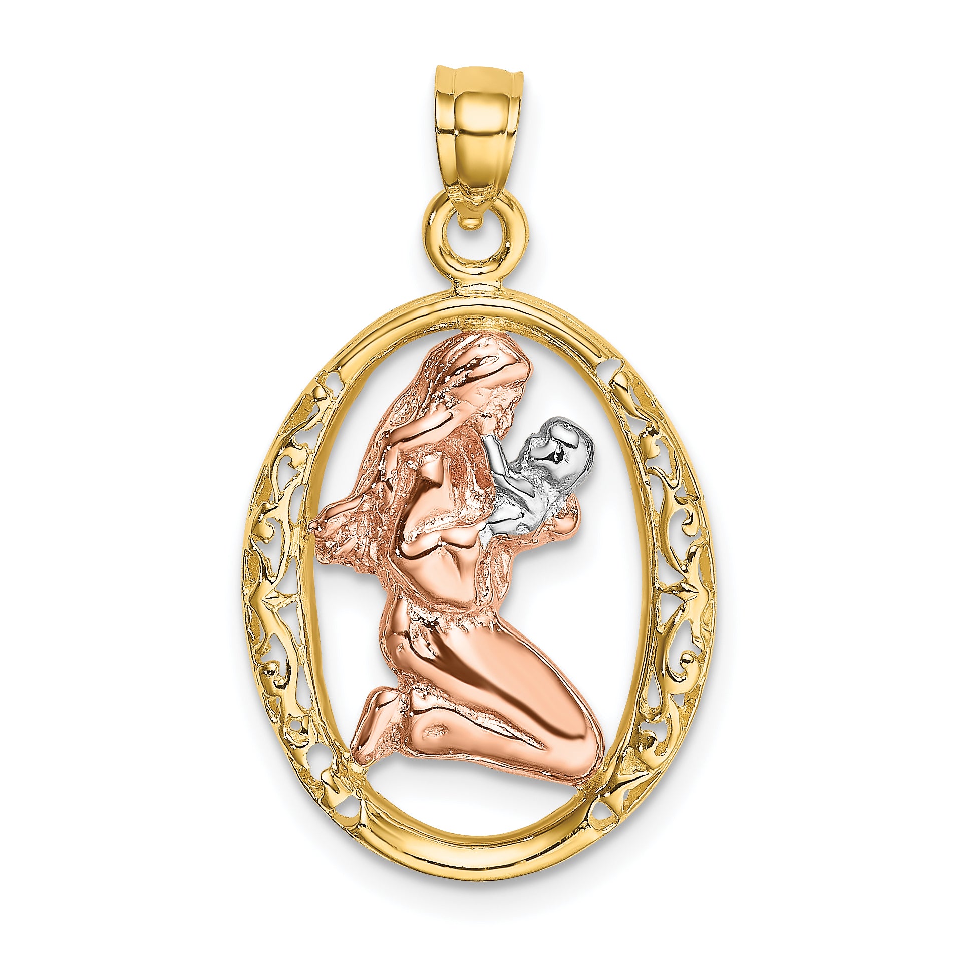 14k Two-tone WIth White Rhodium Mother and Baby In Oval Frame Charm Main image