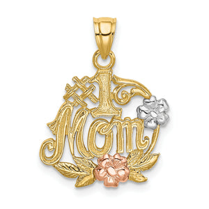#1 Mom Flower Charm in 14K Two-Tone Gold, 20mm Textured - Sophia Jewelers
