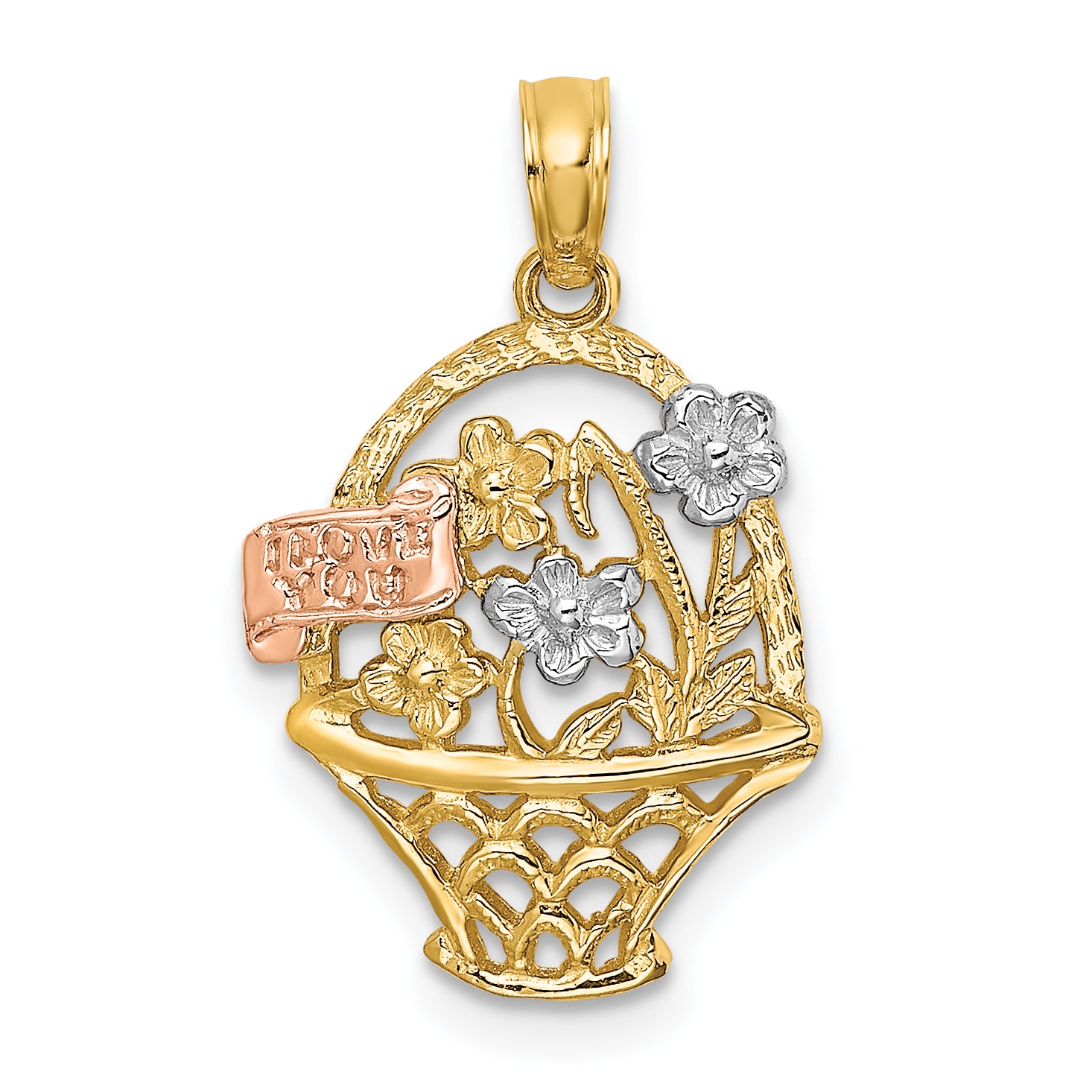 14k Two-Tone w/White Rhodium Flower Basket w/I LOVE YOU Charm Main image