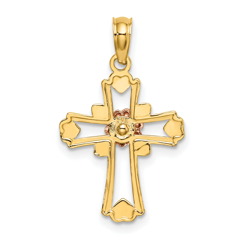 14K Two-tone w/White Rhodium Cross w/Flower and Heart Charm