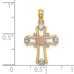 14K Two-tone w/White Rhodium Cross w/Flower and Heart Charm