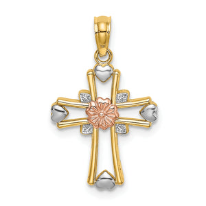 Cross with Flower & Hearts Charm in 14K Two-Tone Gold, 22mm Textured - Sophia Jewelers
