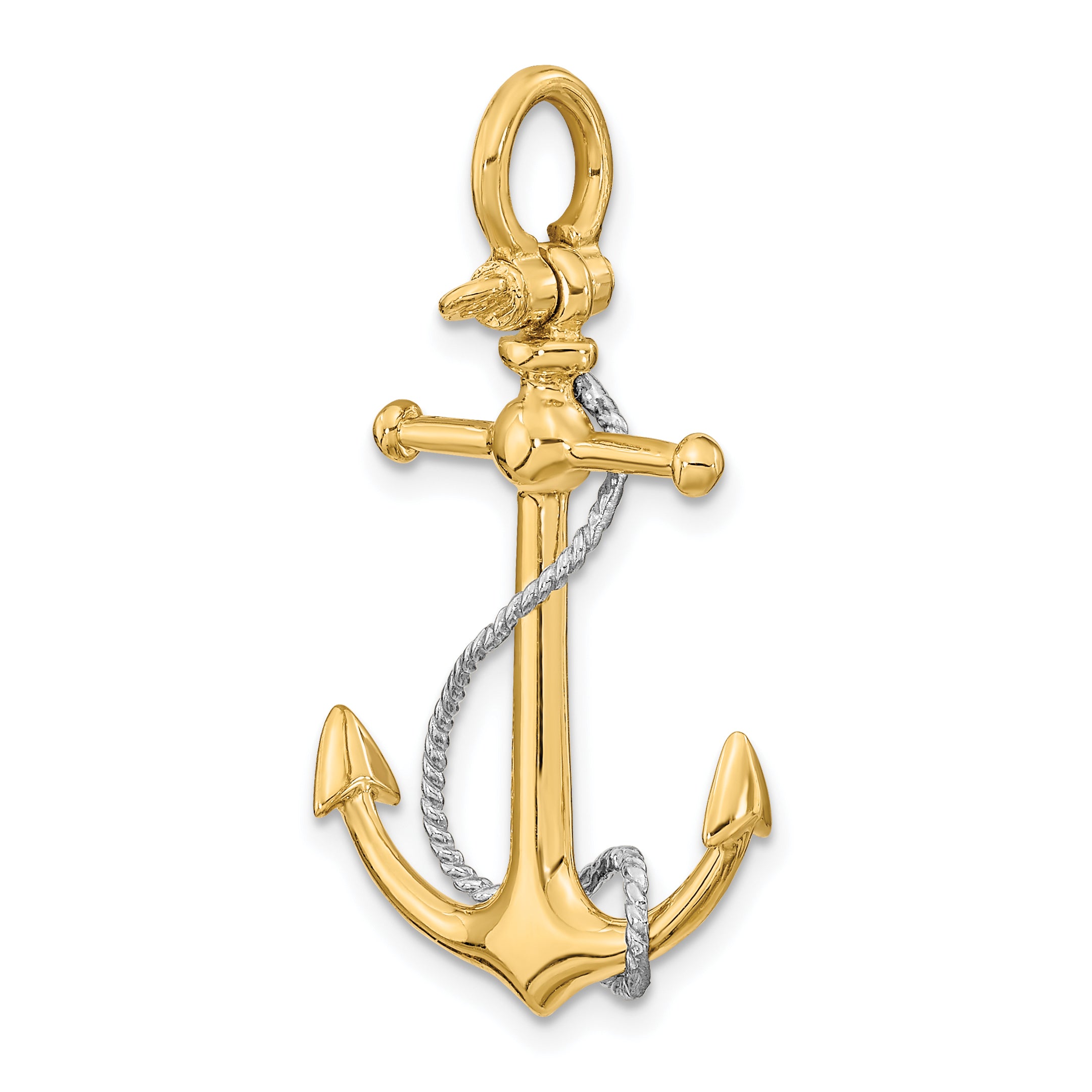 14K Two-tone 3-D Anchor w/T Bar and Rope w/Shackle Bail Charm
