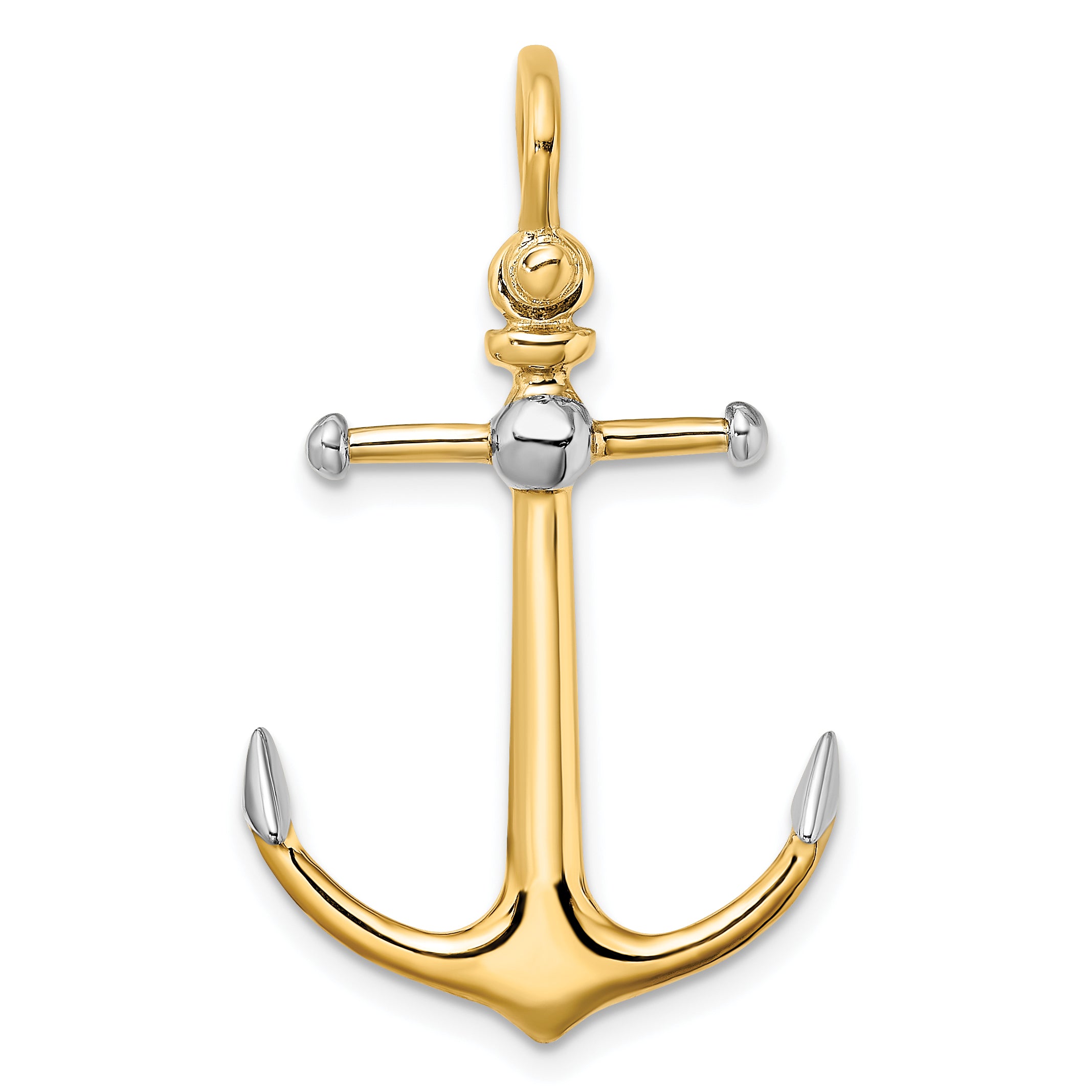 14K w/Rhodium 3-D Anchor w/Long T Bar and Shackle Bail Charm