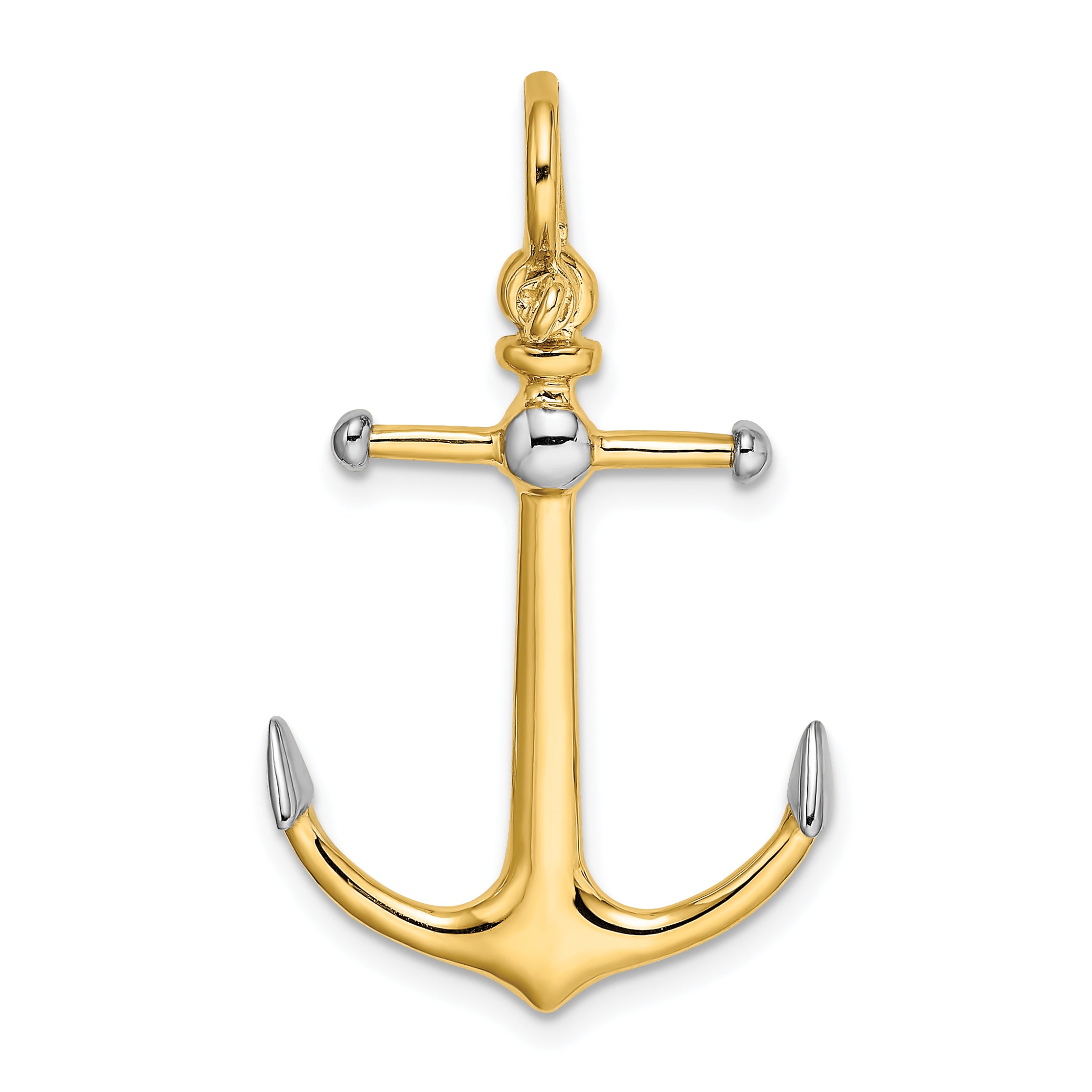 14K and White Rhodium 3-D Anchor with Long T-Bar and Shackle Bail Charm Main image
