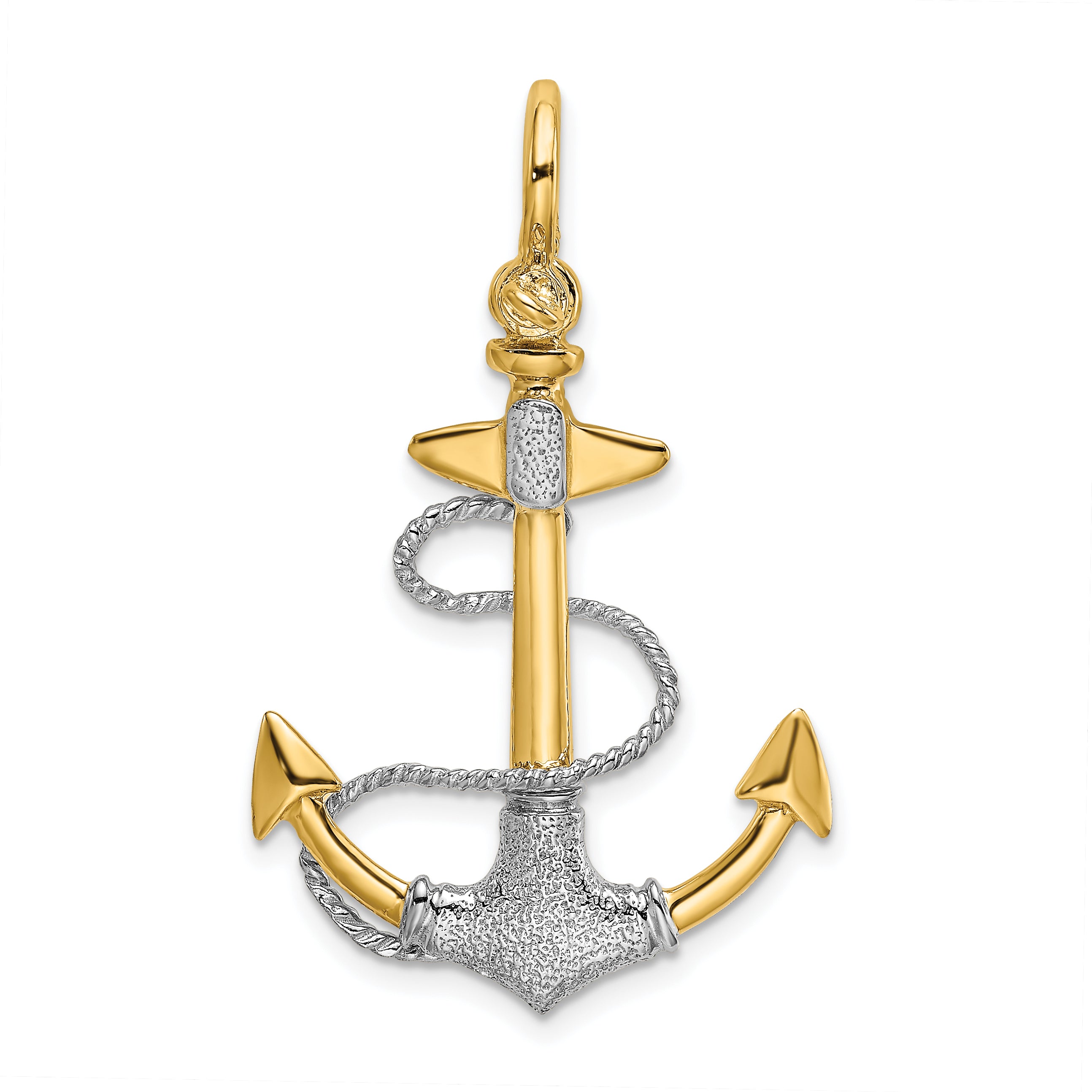 14K Two-tone 3-D Textured Anchor w/Rope w/Shackle Bail Charm Main image