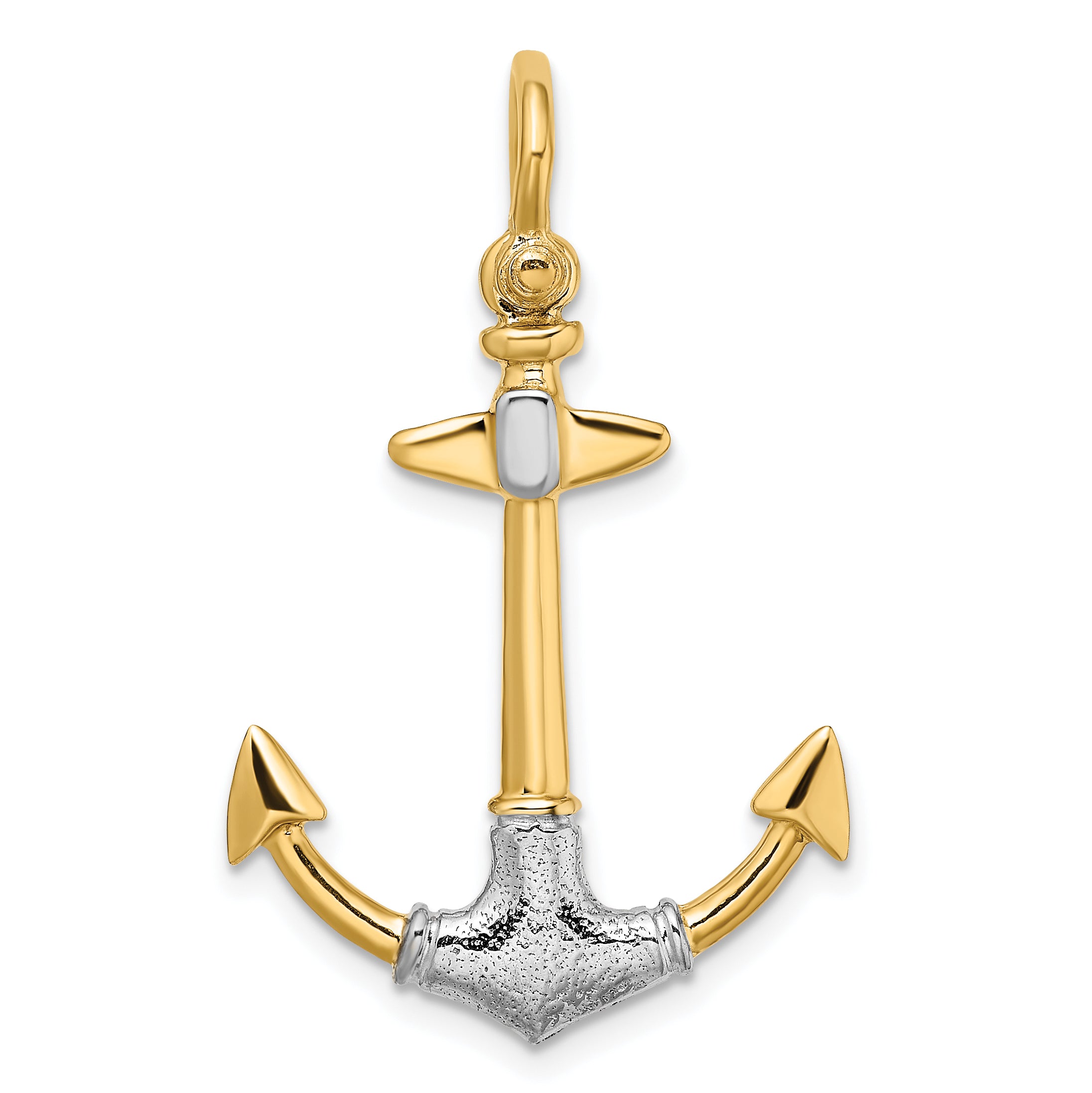 14K w/Rhodium 3-D Textured Anchor W/ Shackle Bail Charm