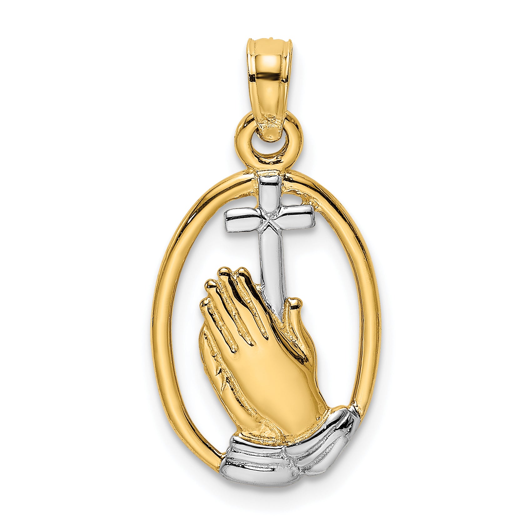 14K W/ Rhodium Praying Hands and Cross Charm Main image