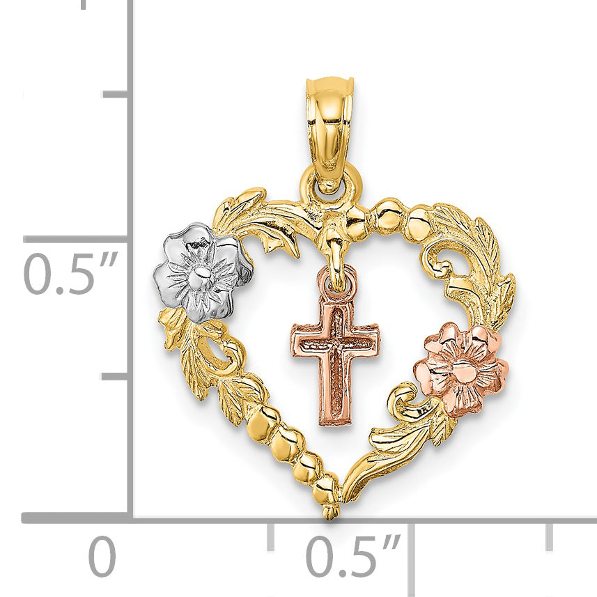 14K Two-tone w/White Rhodium Heart w/Cross and Flowers Charm Secondary image