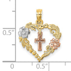 14K Two-tone w/White Rhodium Heart w/Cross and Flowers Charm