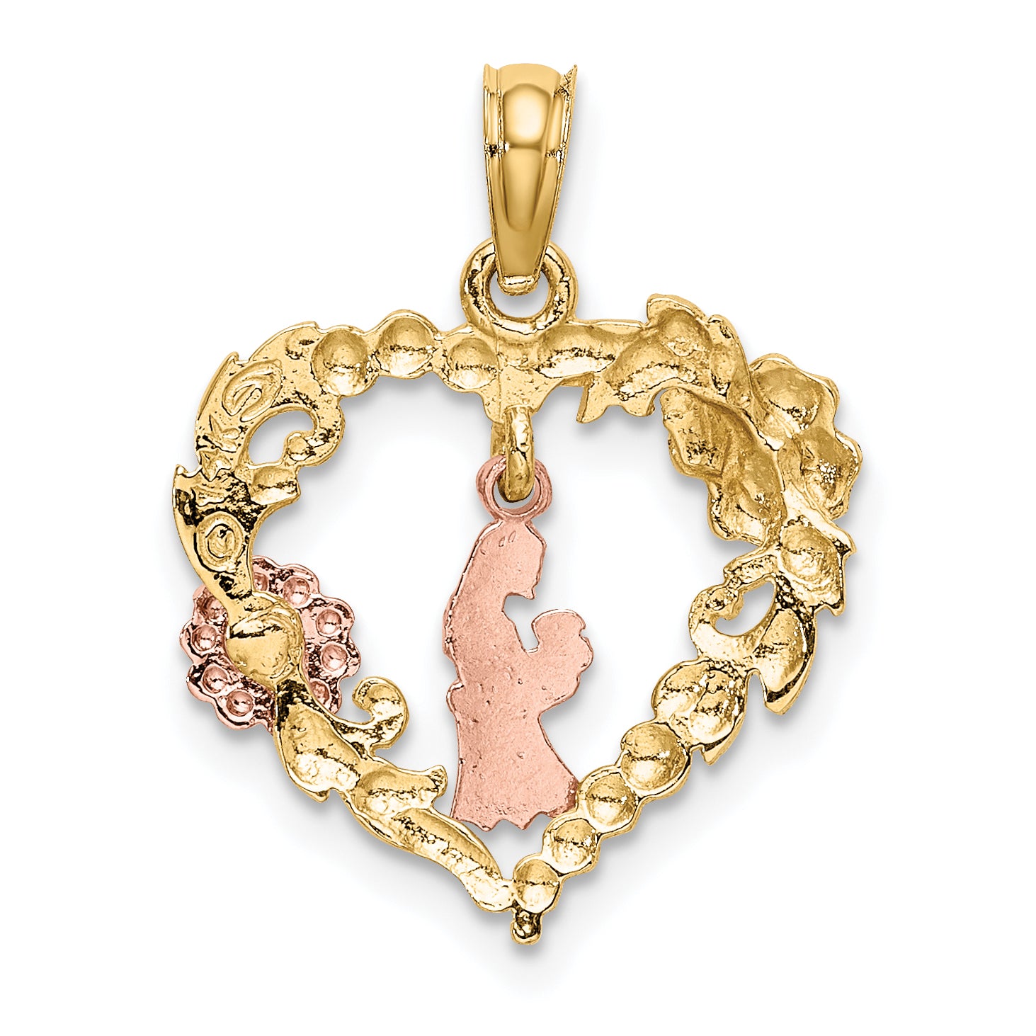 14k Two-tone White Rhodium Motherly Love w/ Flowers In Heart Charm