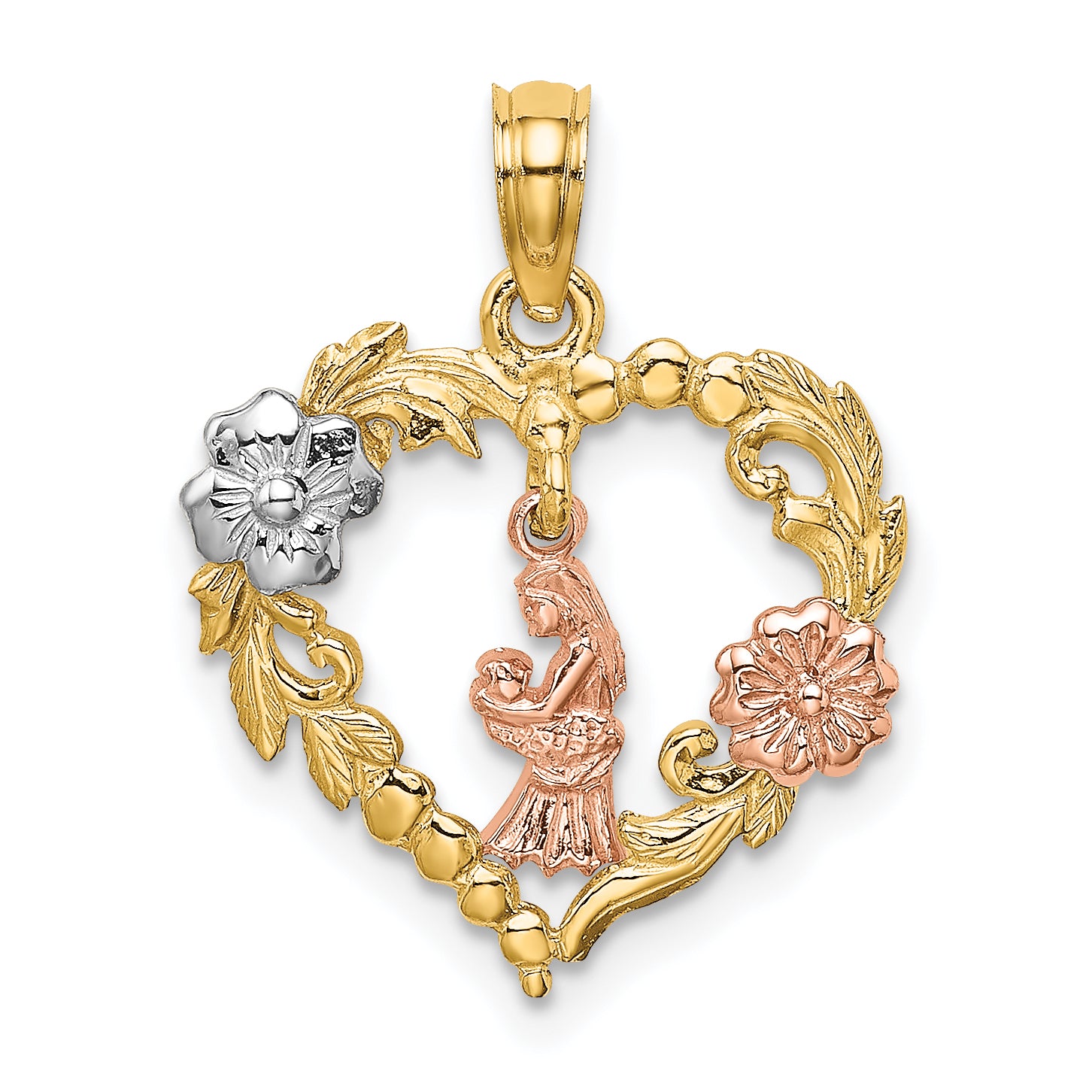14k Two-tone White Rhodium Motherly Love w/ Flowers In Heart Charm Main image