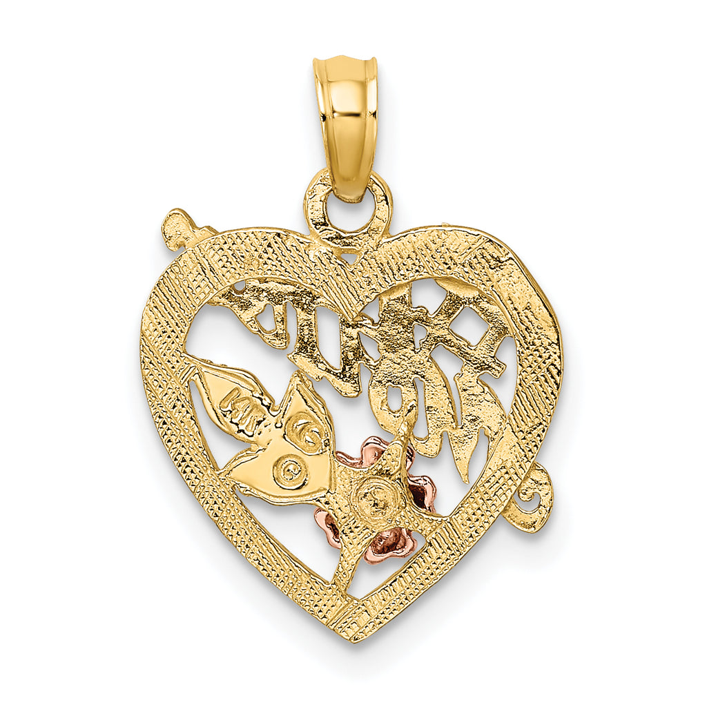 14K Two-tone w/White Rhodium #1 MOTHER Heart w/Flower Charm